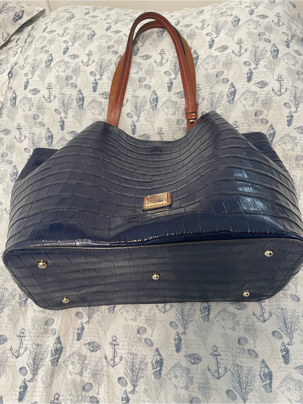 Dooney & Bourke Navy Croc-Embossed Tote with Brown Handles - Picture 6 of 6